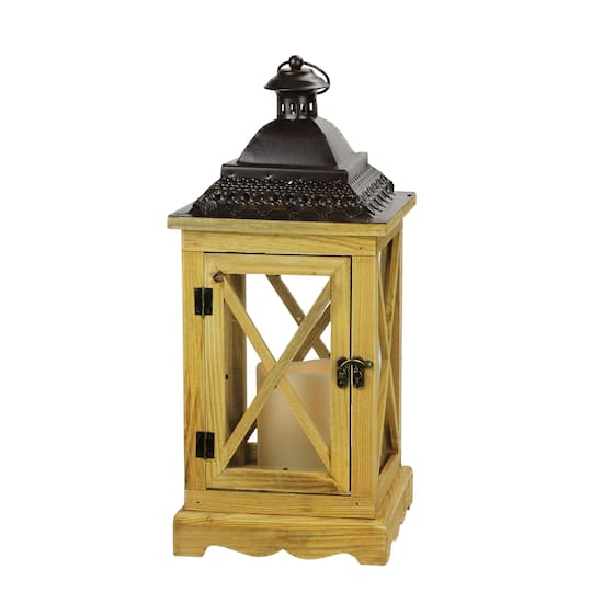 17.5&#x22; Rustic Wooden Lantern with Flameless Pillar Candle